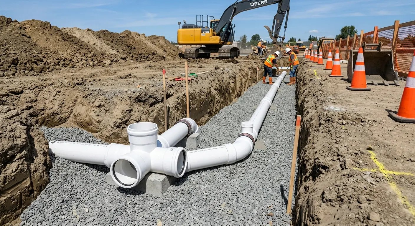 New PVC sewer pipe installation in open trench for Sewer Backup in Portland